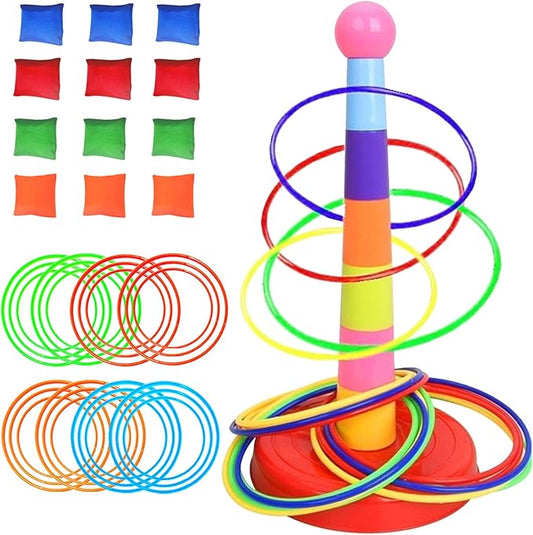 Colorful Plastic Sport Ring Toss Game Set for Kids,1 Colorful Columns+24 Rings+12 Bean Bags,Outside Toys Carnival Ring Circle Game,Outdoor Kids Sports Educational Toys