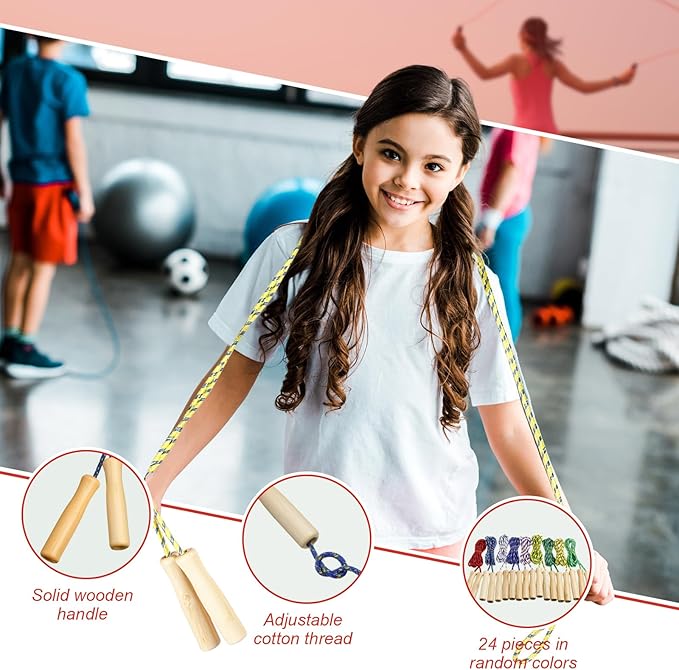 Lenwen Jump Rope Bulk for Kids 7.25 ft Cotton Skipping Rope Adjustable with Wooden Handle for Training Outdoor Exercise Christian Charity Donation Operation Christmas Supplies