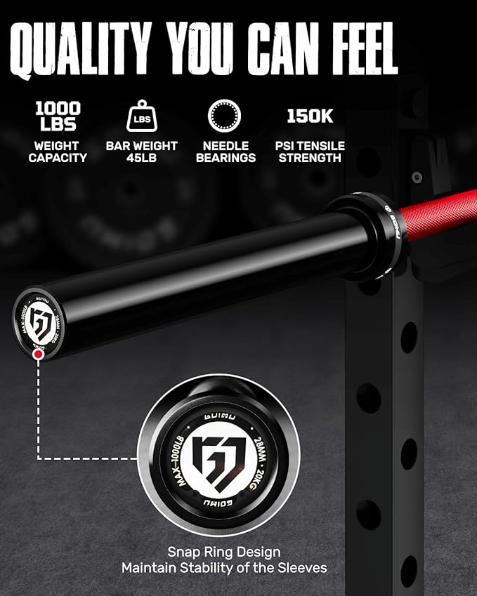 PB01 7FT Olympic Barbell, Weight Bar with Knurled Grip, 1000lb Capacity Strength Training Deadlift Bar for Squat, Weightlifting, Bench Press, Fits 2-inch Standard Weight Plates