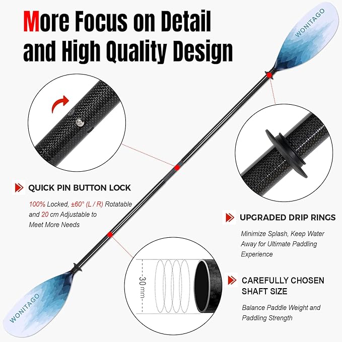 Kayak Paddle Carbon Fiber Shaft and Reinforced Nylon Blade, Adjustable Kayaking Oars, 3 Piece, 230-250 cm/90-98 Inches,210-230 cm/82-90 inches