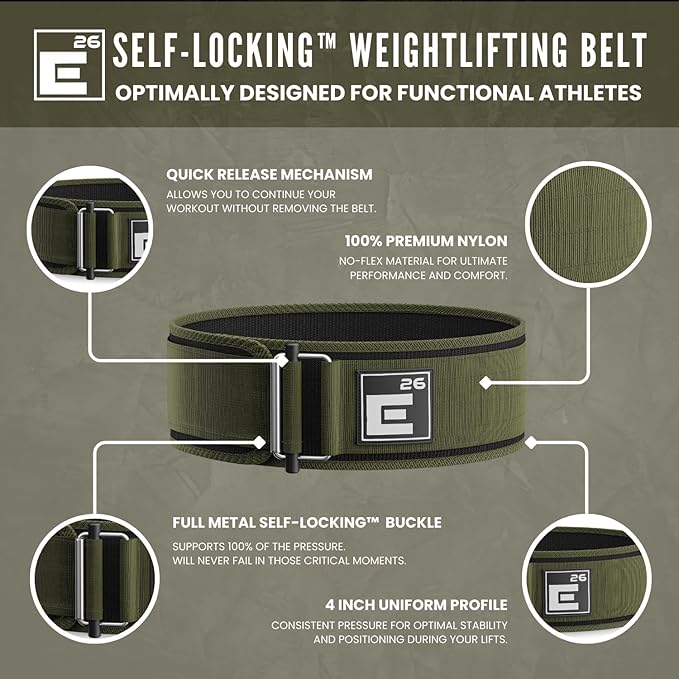 Element 26 Self-Locking Weight Lifting Belt - Premium Weightlifting Belt for Serious Functional Fitness and Olympic Lifting Athletes - Lifting Support for Men and Women - Deadlift Training Belt