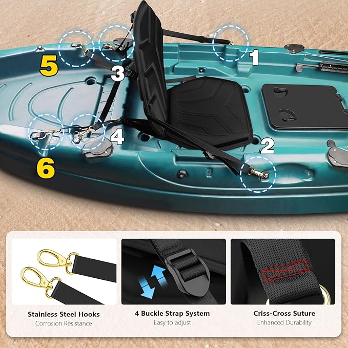 HLOGREE 6-Point Attachment - Thick Padded Kayak Seat Cushion with Back Support,Extra Cushioned Kayak Replacement Seat Universal for Hobie,Sit on Top,Lifetime,Pelican,Perception,Raised,Sit in