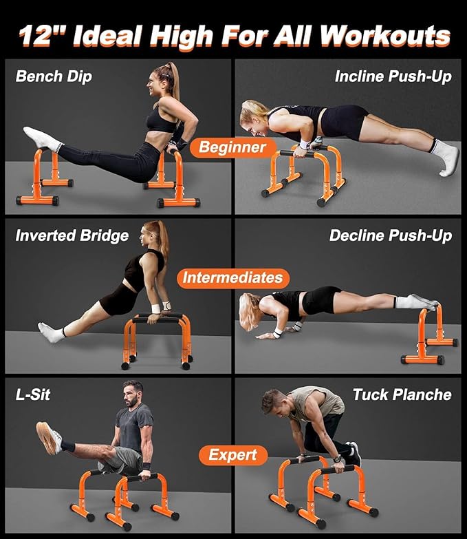 Push Up Bar, 12 Inch High Non-Slip Parallettes Bars & Dip Bars With Foam Handles, Heavy-Duty No Wobbling Calisthenics Equipment For Handstand, L-Sit, Gymnastics, Strength Training Home Gym Use