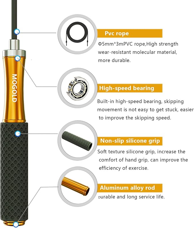 5mm PVC Jump Rope For Men Women Kids - Dual Ball Bearing -Metal Handle Core Covered Rubber Grip- Adjustable 10ft long Skipping Rope - Good For Workout Fitness Weight loss