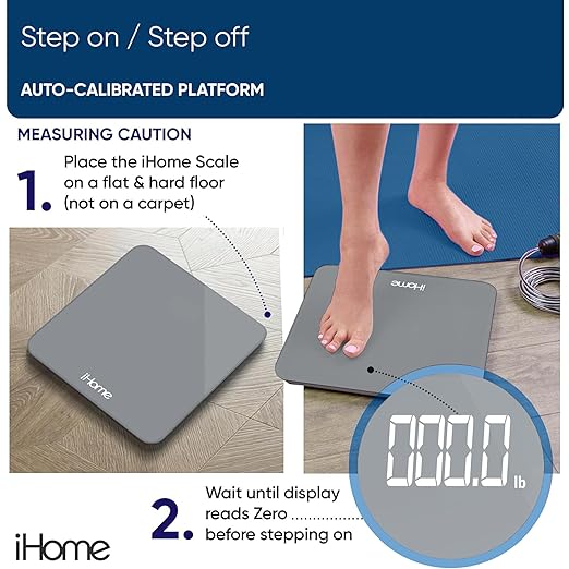iHome Digital Scale, Bathroom Scale, Batteries Included, Scale Body Weight, Weight Scale, Digital Scale, Bathroom Scales for Weight, Digital Scales for Body Weight (Grey)