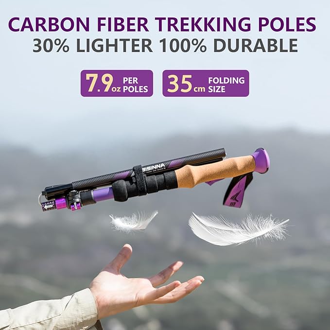 BISINNA Carbon Fiber Trekking Poles Collapsible Hiking Poles Lightweight Walking Sticks with Cork Handle Quick Lock for Women and Men 2pc