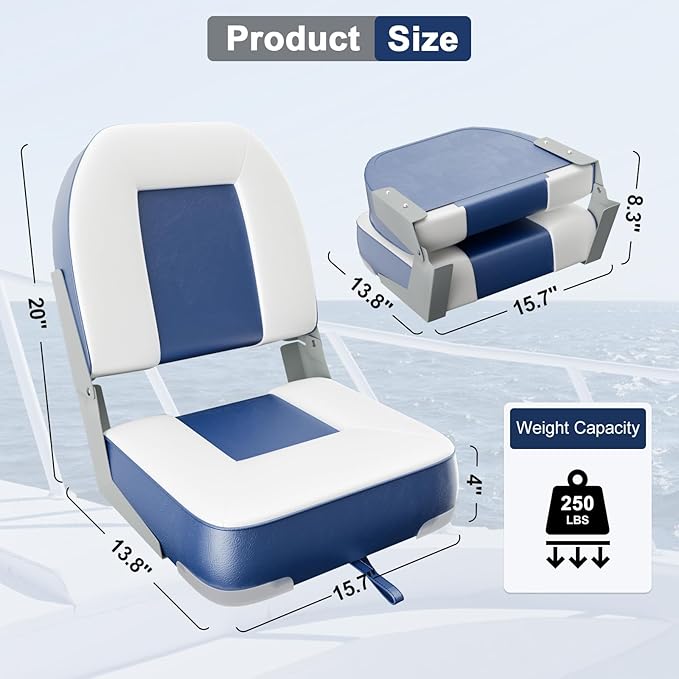 2-Pack 20" High Back Boat Seat with Thickened Sponge Padding and Hinge, Waterproof Boat Captain Chairs, Easy to Store, Ideal for Fishing, Sightseeing, Boating Blue