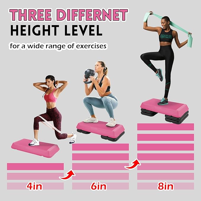 Fitvids Step Aerobic Platform, Exercise Step with 5 levels Adjustable Height, 4 Stackable Risers, Fitness Training Workout Stepper for Home Gym, Cardio Strength, Multiple Options