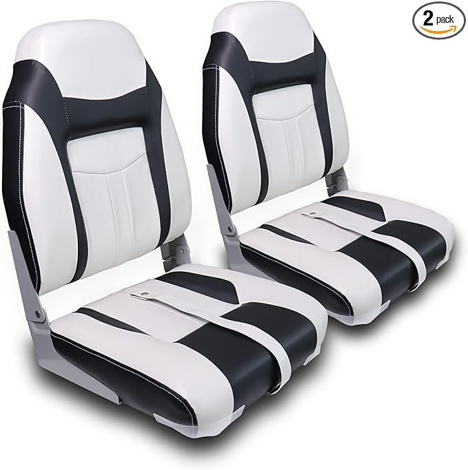 Deluxe High Back Boat Seats, Fold-Down Fishing Boat Seat 2 Pack, White and Black