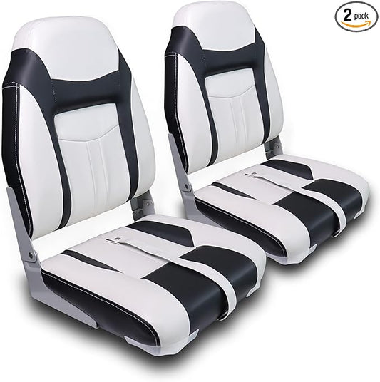 Deluxe High Back Boat Seats, Fold-Down Fishing Boat Seat 2 Pack, White and Black
