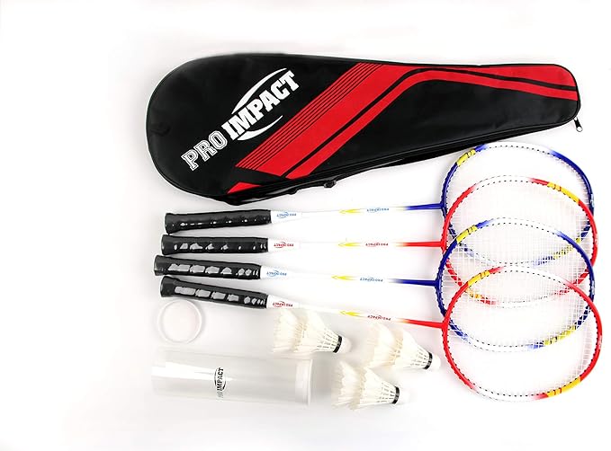 Pro Impact Badminton Racket Set - Lightweight Aluminum Head Rackets with Steel Shaft, Feather Shuttlecocks, Durable Carrying Case - Perfect for Outdoor Games, Adults, Kids, and Family Fun