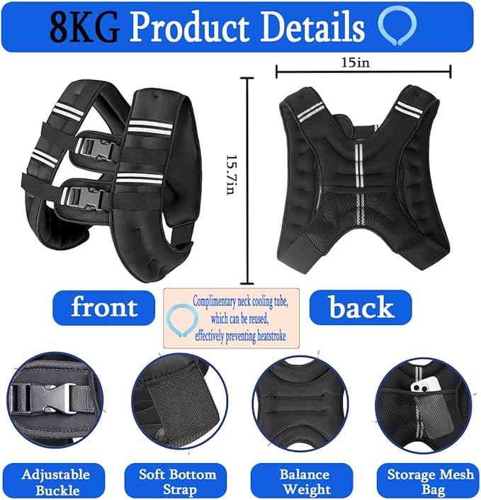 Weighted Vest for Women Men & Neck CoolingTube 2 pcs - Weighted Vest Woman,with Reflective Stripe Adjustable Safety Buckle,Men Womens weighted vest for Walking 6.6LB(3kg)11LB(5kg)17.6LB(8kg)22LB(10kg)