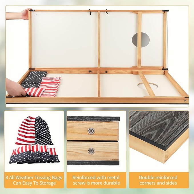 Cornhole Set, Corn Holes Outdoor Game, Regulation 2X4 Cornhole Boards, Portable Cornhole Set, Classic American Flag Cornhole Set Includes 2 Boards, 8 Cornhole Beans Bags & Carry Case