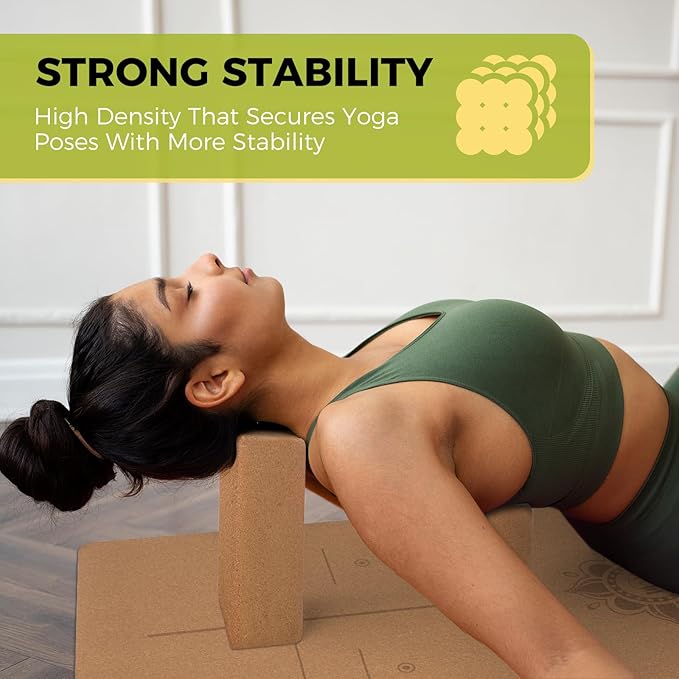 U&M Cork Yoga Blocks 2 Pack Set,Natural Cork High Density 9"x6"x4" Yoga Blocks Odor-Resistant Non-Slip for Yoga, General Fitness, Pilates, Stretching and Toning