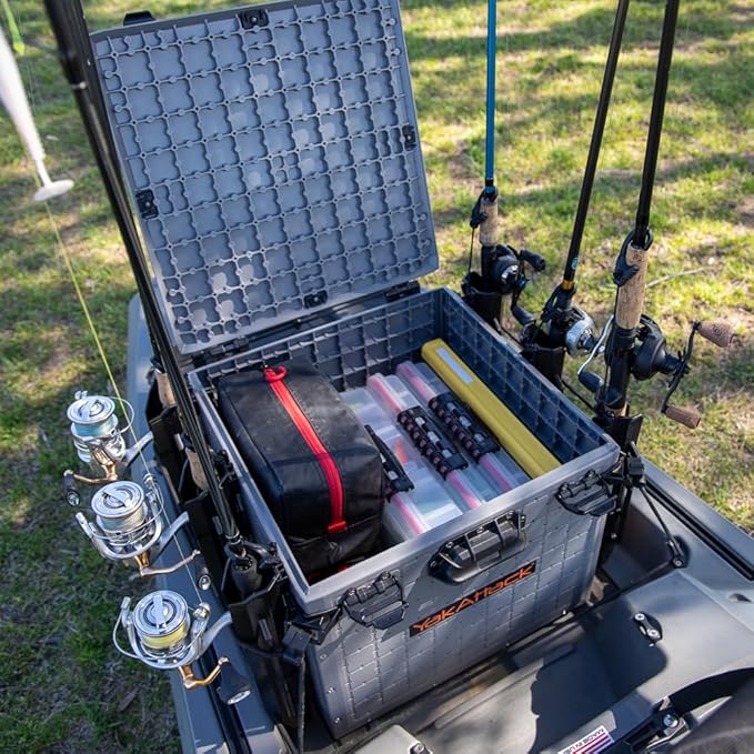 YakAttack BlackPak Pro 16" x 16" Kayak Fishing Crate with 6 Rod Holders - Battleship Grey | Tackle Storage Box & Fishing Gear Organizer | Lightweight, Durable & Customizable Kayak Fishing Accessory