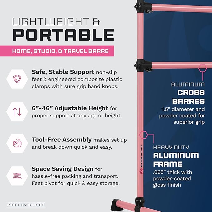 VITA Barre Portable Freestanding Double Ballet Barre, Prodigy, with Carry Bag | Adjustable Height, USA Made, Home or Gym Exercise Equipment for Kids & Adults | Dance, Fitness, Pilates