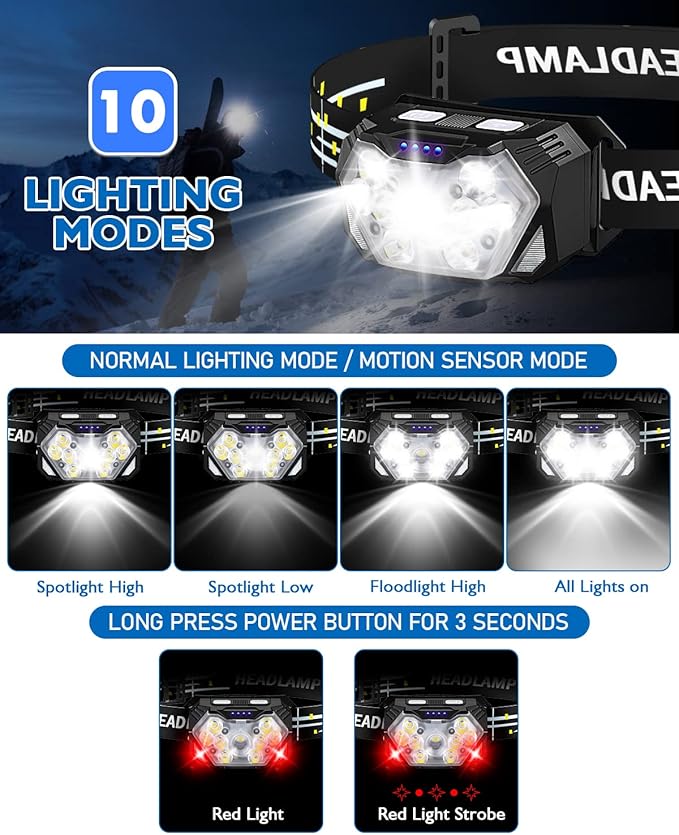 2000LM Ultra Bright 9 LED Headlamp, USB C Rechargeable Headlight, 10 Modes, Waterproof Motion Sensor Head Lamp Flashlight with White Red Light, Adjustable Headband for Adults Outdoor Hiking