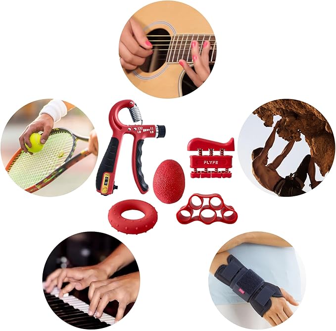 FLYFE Grip Strength Trainer Kit (5 Pack), Forearm Strengthener, Hand Squeezer Adjustable Resistance, Finger Stretcher, Grip Ring, Relief Ball and Finger Exerciser for Men and Women, Injury Recovery