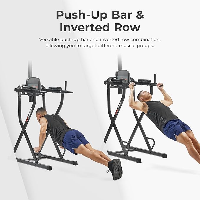 Sunny Health & Fitness Power Tower, Dip Bar, Push-Up & Pull Up Assisting Parallette Station w Optional Rock Climbing Grip Trainer