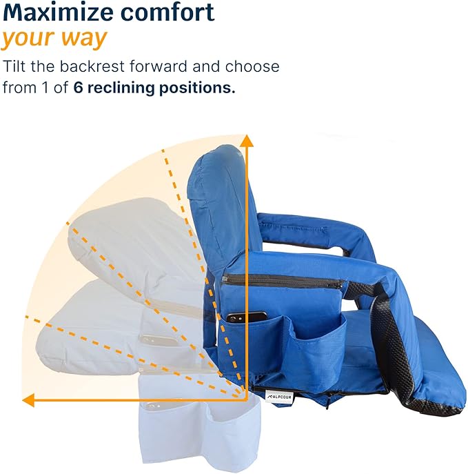 Alpcour Reclining Stadium Seat – Wide Bleacher Chair with Back Support and Cushion, Armrests, Side Pockets, and Bleachers Hook – Best Stadium Seats Chairs for Camping, Kayak, & Paddle Board Backs