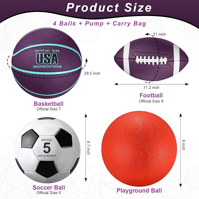 Lenwen 4 Pcs Sports Balls Set, Include Official Size Basketball Soccer Football Playground Ball Pump Equipment Bag Recess Equipment Sport for Teen Adult Gift Back to School