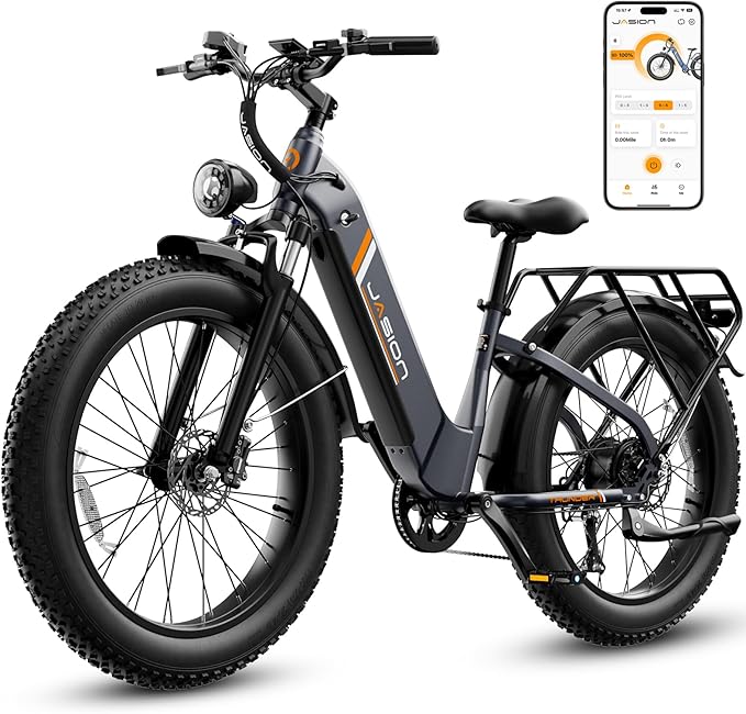 Jasion Thunder Electric Bike, 1500W Peak Motor, 30+MPH Max Speed & 80 Miles with 486Wh Removable Battery, APP Control Ebike for Adults, Hydraulic Brakes, Front Suspension, 26'' x 4'' Fat Tire Bicycles