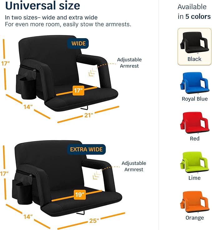 Alpcour Reclining Stadium Seat – Wide Bleacher Chair with Back Support and Cushion, Armrests, Side Pockets, and Bleachers Hook – Best Stadium Seats Chairs for Camping, Kayak, & Paddle Board Backs