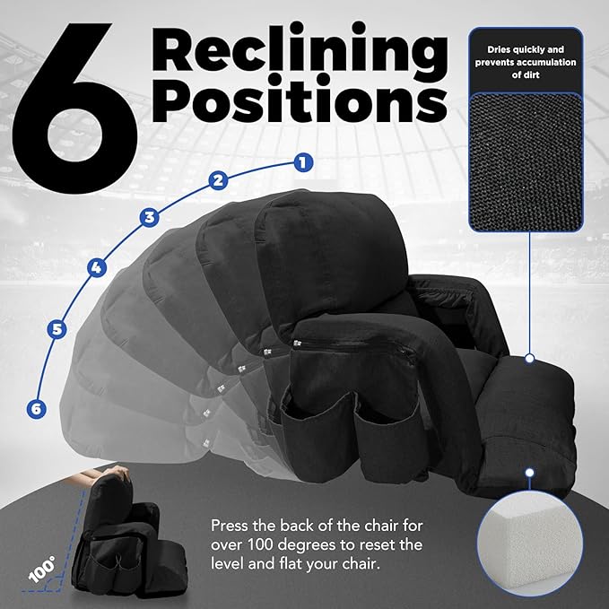 Extra Wide Stadium Seats With Back Support 2 Pack, Exclusive "Sofa Style" Design Thick Bleacher Chairs With Back and Cushion, 6 Reclining Positions - Ultimate Comfort for Sports Events (Black, 25")