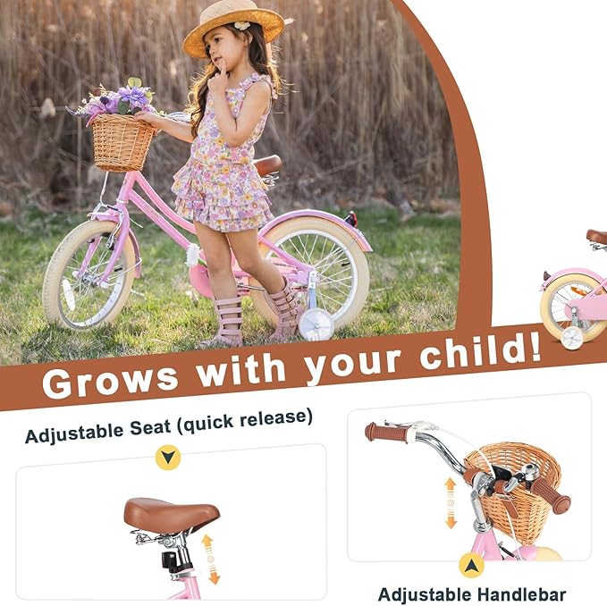 Glerc Little Molly 12-20 Inch Kids Retro Cruiser Bike for 2-13 Year Old with Wicker Basket & Training Wheels/Kickstand, Multiple Colors