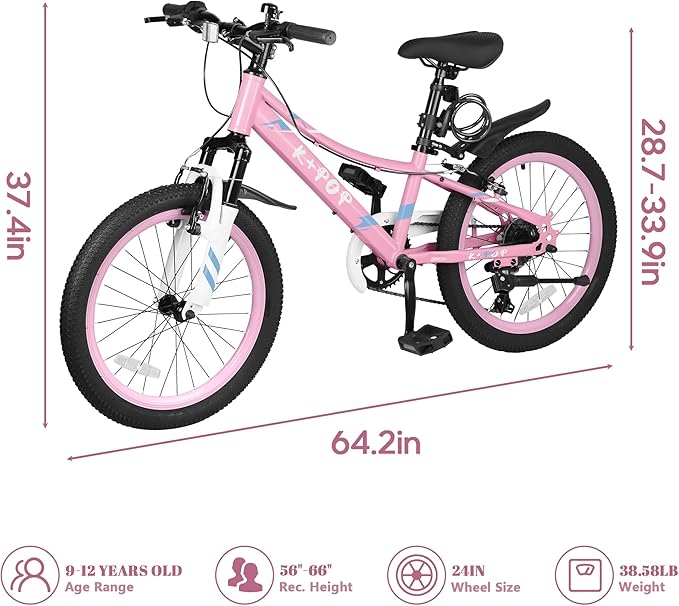 20 24 Inch Kids Bike, 7-Speed Girls Boy Mountain Bike, Front Suspension Fork Kids' Bicycles Girls Boys Bikes Ages 8-12, Front and Rear V Brakes
