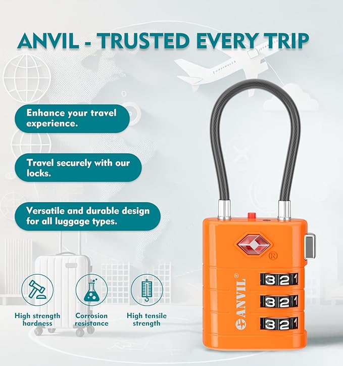 ANVIL TSA Approved Luggage Locks – High Security TSA008 Combination Travel Locks with Inspection Indicator for Suitcases and Backpacks. (3, Orange)