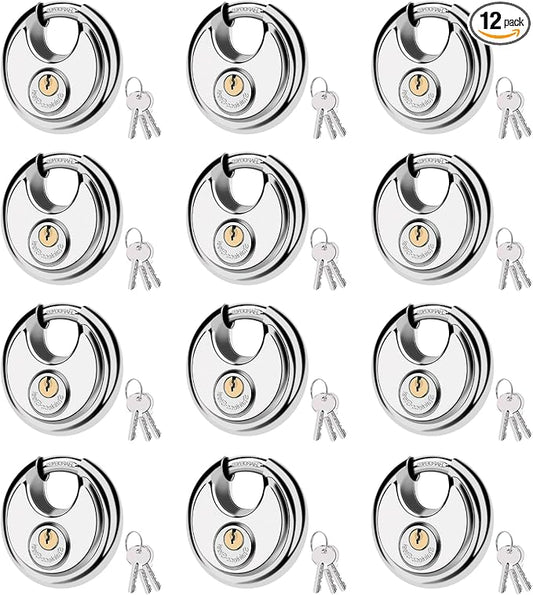 70MM Discus Padlock with Same 3 Brass Keys,304 Stainless Steel Disc Lock with Brass Gallows to Prevent Rusting,Thick Sturdy Hook to Prevent Picking.12 Pack-XZJYYF