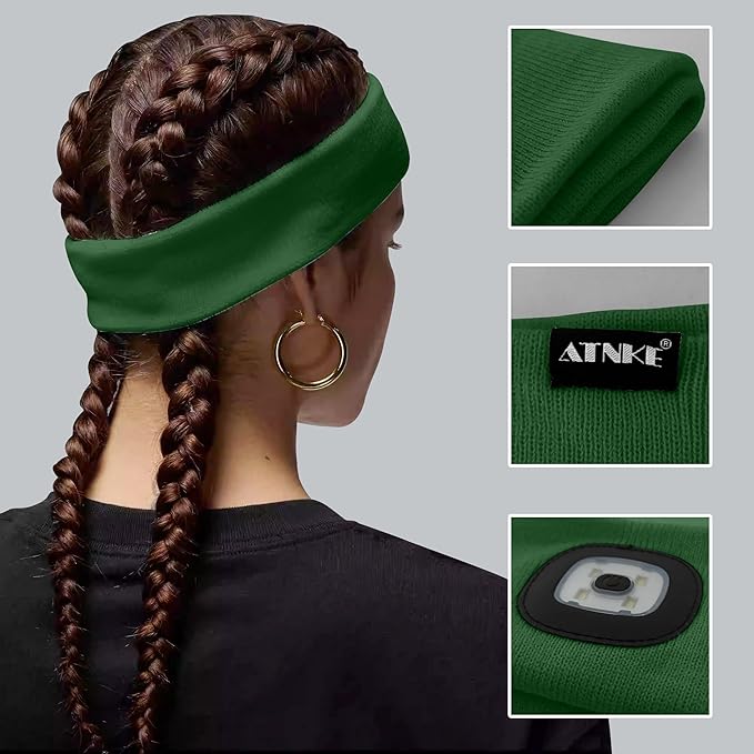 ATNKE 4 LED Lighted Sport Sweatband,USB Rechargeable Running Head Band Lamp High Stretch Wicking Gifts for Men and Women