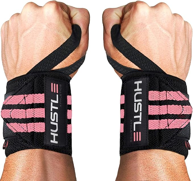 Hustle Athletics Wrist Wraps for Weightlifting, USPA-Approved Wrist Support Weight Lifting Wraps, Premium Hook-and-Loop, 12 in or 18 in Heavy-Duty Cotton-Elastic Support for Powerlifting & Bench Press