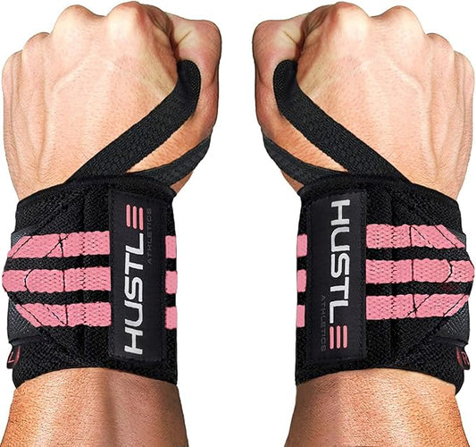 Hustle Athletics Wrist Wraps for Weightlifting, USPA-Approved Wrist Support Weight Lifting Wraps, Premium Hook-and-Loop, 12 in or 18 in Heavy-Duty Cotton-Elastic Support for Powerlifting & Bench Press