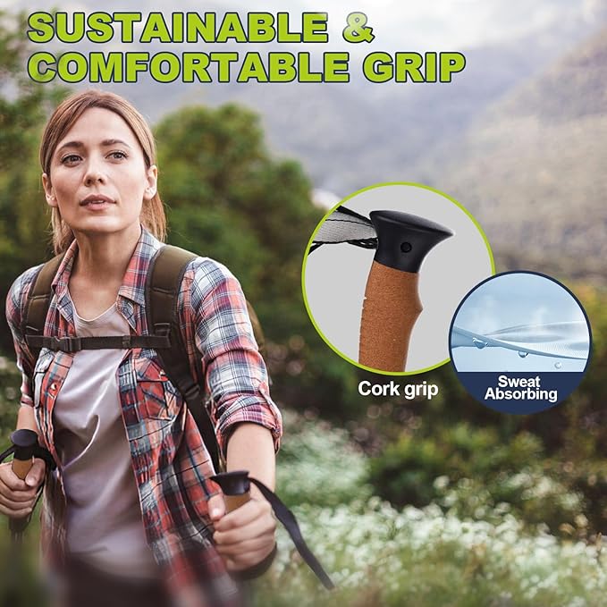 Trekking Poles - Lightweight, Collapsible, Adjustable Hiking Poles with Quick Flip Lock, 7075 Aluminum, Natural Cork Grip, Anti Shock Walking Sticks for All Terrain, Men and Women, 2 Pack