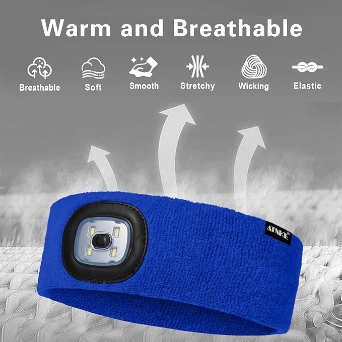 ATNKE 4 LED Lighted Sport Sweatband,USB Rechargeable Running Head Band Lamp High Stretch Wicking Gifts for Men and Women
