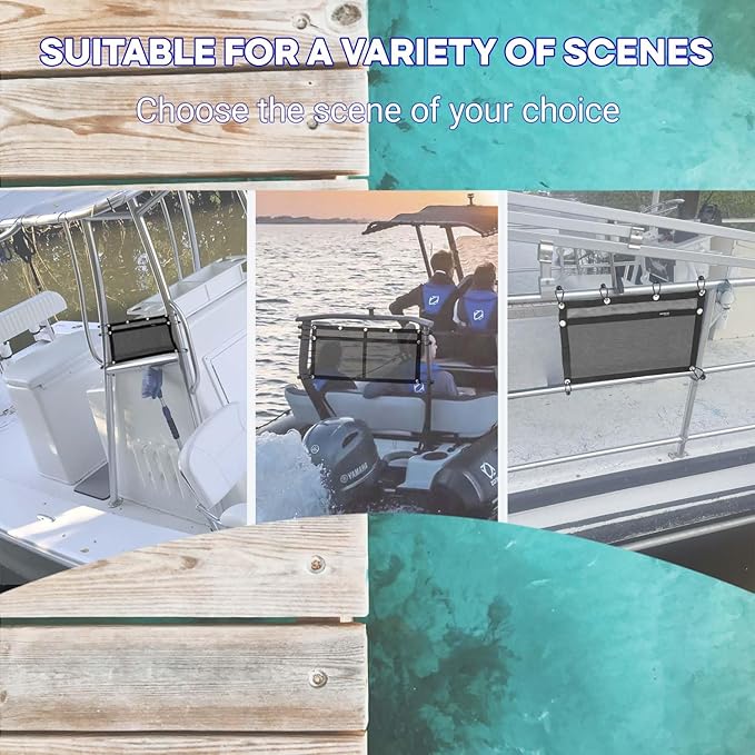 Boat Storage Bag,Polyester Boat Mesh Suspended Storage Bag,Black Boats Storage Mesh Pocket,Boat Seat Storage Bag for Leaning Post with 6 Positioning Elastic Loops. (24" L x 15" W)