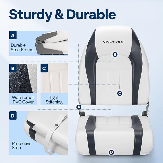 VIVOHOME Folding High Back Boat Seats 2 Pack, Waterproof Boat Captain Chairs, 4 Mounting Screws Included, White and Gray