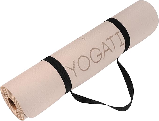 YOGATI® Non Slip Yoga Mat with Alignment Lines. Home Workout Mat for Women, Men and Kids. Thick Yoga Mats with Strap for Pilates and Fitness.