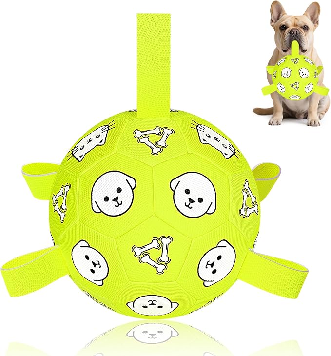 Dog Soccer Ball, Durable Dog Soccer Ball with Straps, Water Fetch Toys, Dog Toys Outdoor, Fun Puppy Birthday Gift for Small & Medium Dogs, 6 Inch