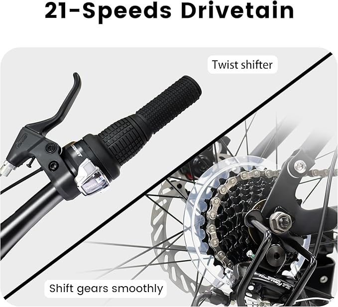 Trail-Ready 24 Inch Mountain Bike, 21-Speed Drivetrain with Gear Indicator Lever, Durable High Carbon Steel Frame, Ideal for Off-Road Exploration