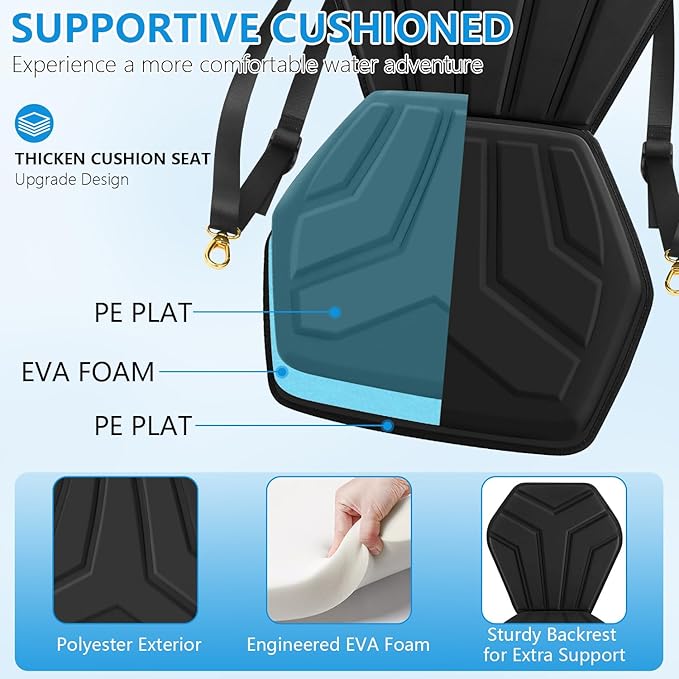 HLOGREE 6-Point Attachment - Thick Padded Kayak Seat Cushion with Back Support,Extra Cushioned Kayak Replacement Seat Universal for Hobie,Sit on Top,Lifetime,Pelican,Perception,Raised,Sit in