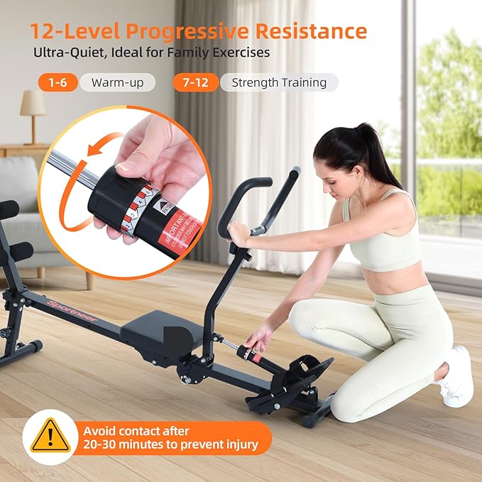 Sportneer Rower Machine for Home Foldable Hydraulic Rowing Machine with 12-Level Resistance - Multi Functional Row Machine Equipped with Caster and Backrest, 297lbs Maximum Load Rower Machines