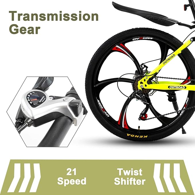 26 ich Folding Mountain Bike, 21 Speed High Carbon Steel Mountain Bike for Adults with 26 Inches Durable Tires, Front Suspension Folding Bicycle for Women and Man