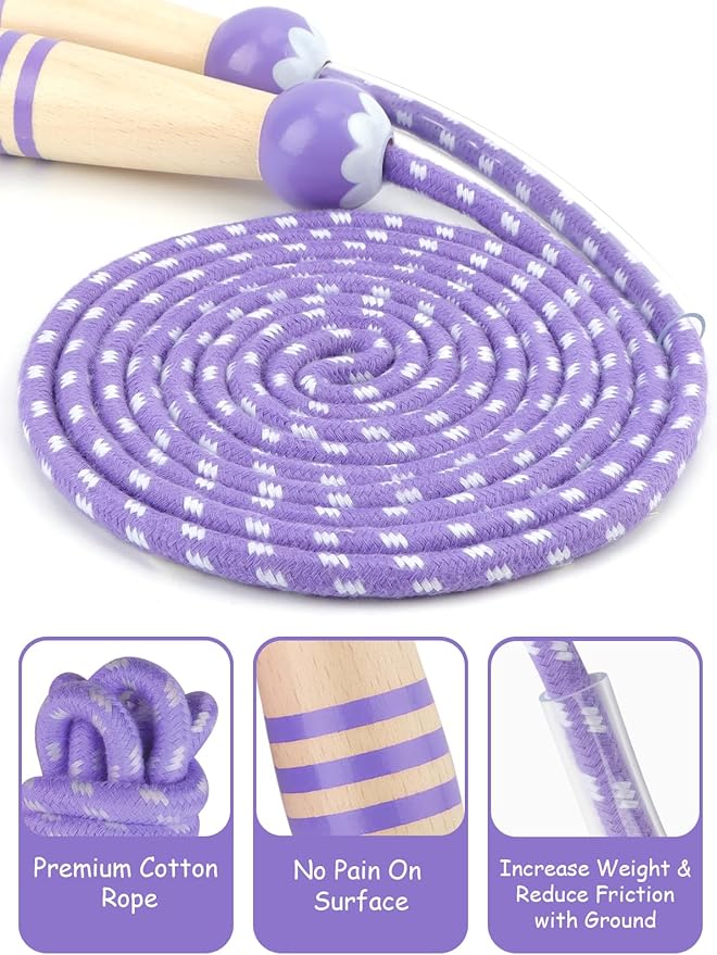 Jump Rope for Kids, Lorvain Adjustable Skipping Rope, Kids Jump Ropes with Wooden Handle for Girls Boys, Weighted Jumping Ropes for Fitness Workout Exercise Outdoor Fun Activity