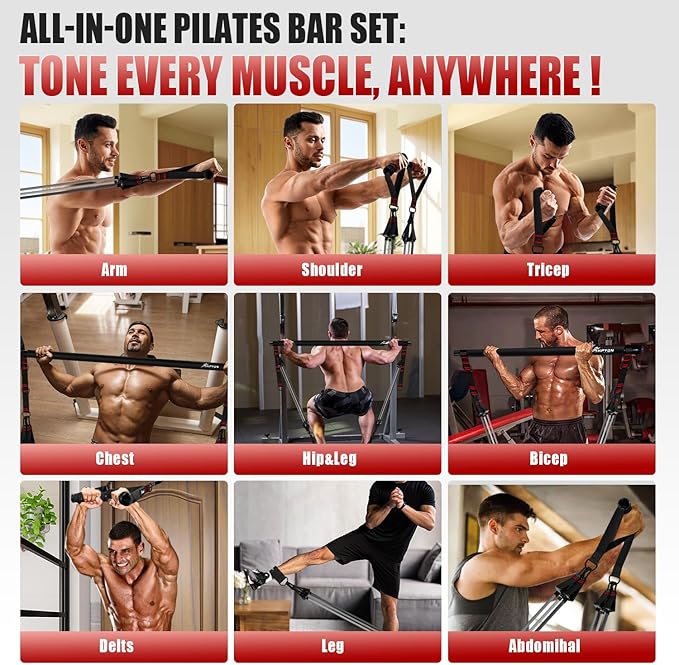 Pilates Bar Kit with Resistance Bands, Heavy Duty Multifunctional Pilates Workout Equipment for Strength Training, HIPS, Back, Arms, Abs, Shoulders, Portable Home Gym & Travel Fitness Gear for Men
