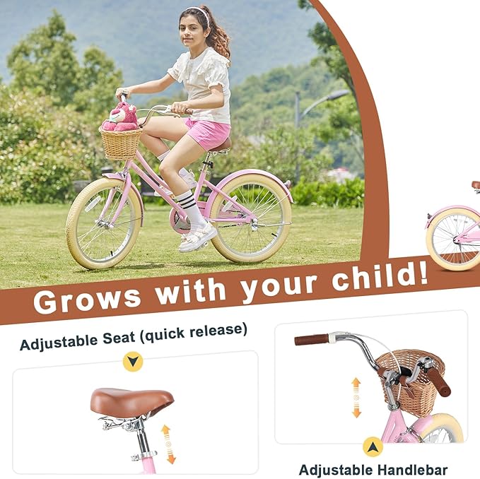 Glerc Little Molly 12-20 Inch Kids Retro Cruiser Bike for 2-13 Year Old with Wicker Basket & Training Wheels/Kickstand, Multiple Colors