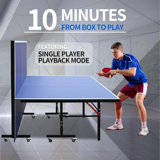Professional Table Tennis Table, Foldable Ping Pong Game Set for Indoor, 8FT 9FT Single Player Playback Mode Ping Pong Table with Net and Post Set, 2 Paddles and 3 Balls
