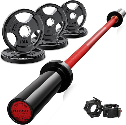 RitFit Barbell Weight Set - 4/6FT Olympic Barbell with Weight Plates (55-275LB Total) - Weightlifting Equipment for Squats, Curls, Deadlifts, Presses, Hip Thrusts